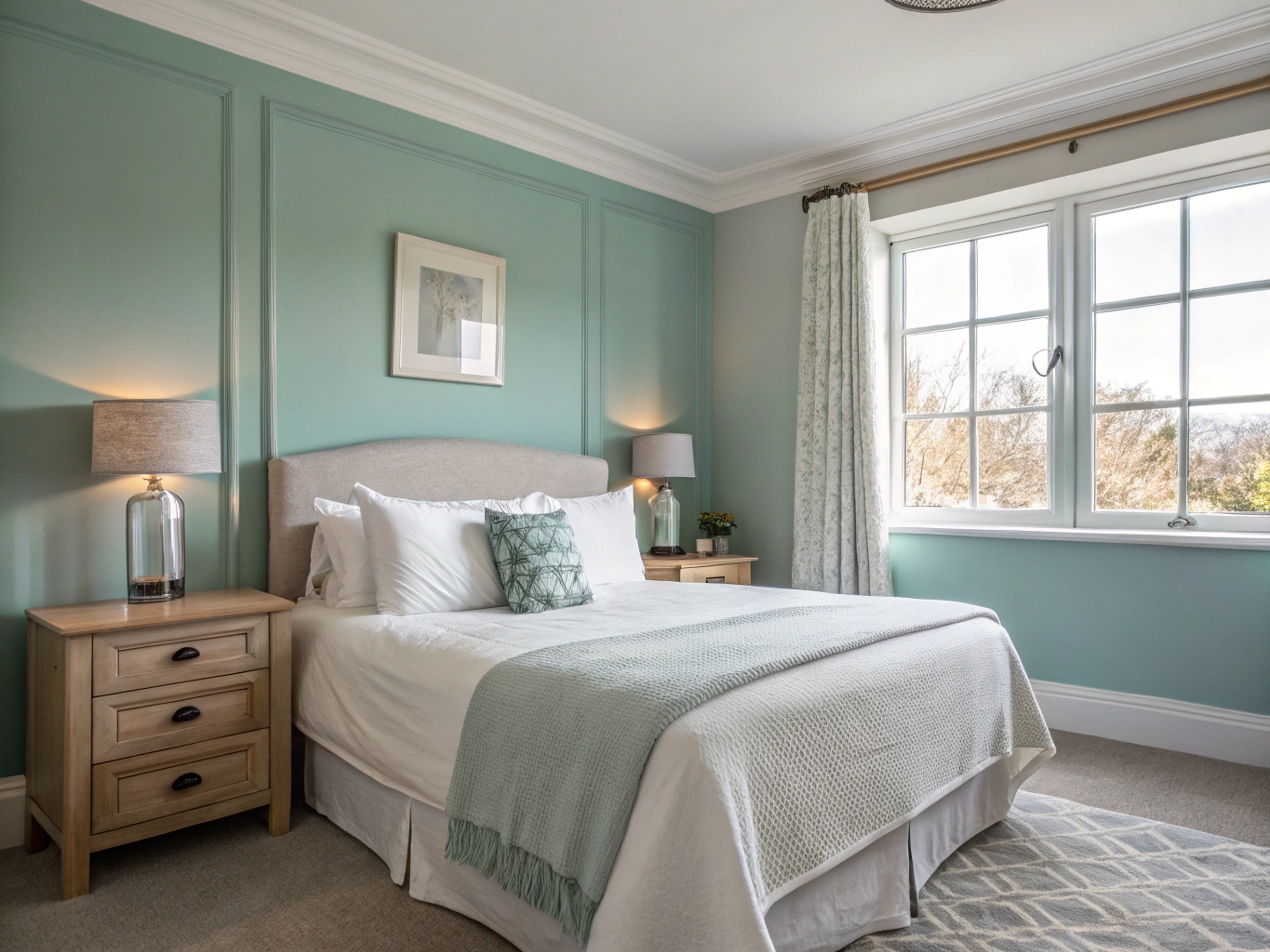 Master bedroom with warm gray walls and precision tray ceiling