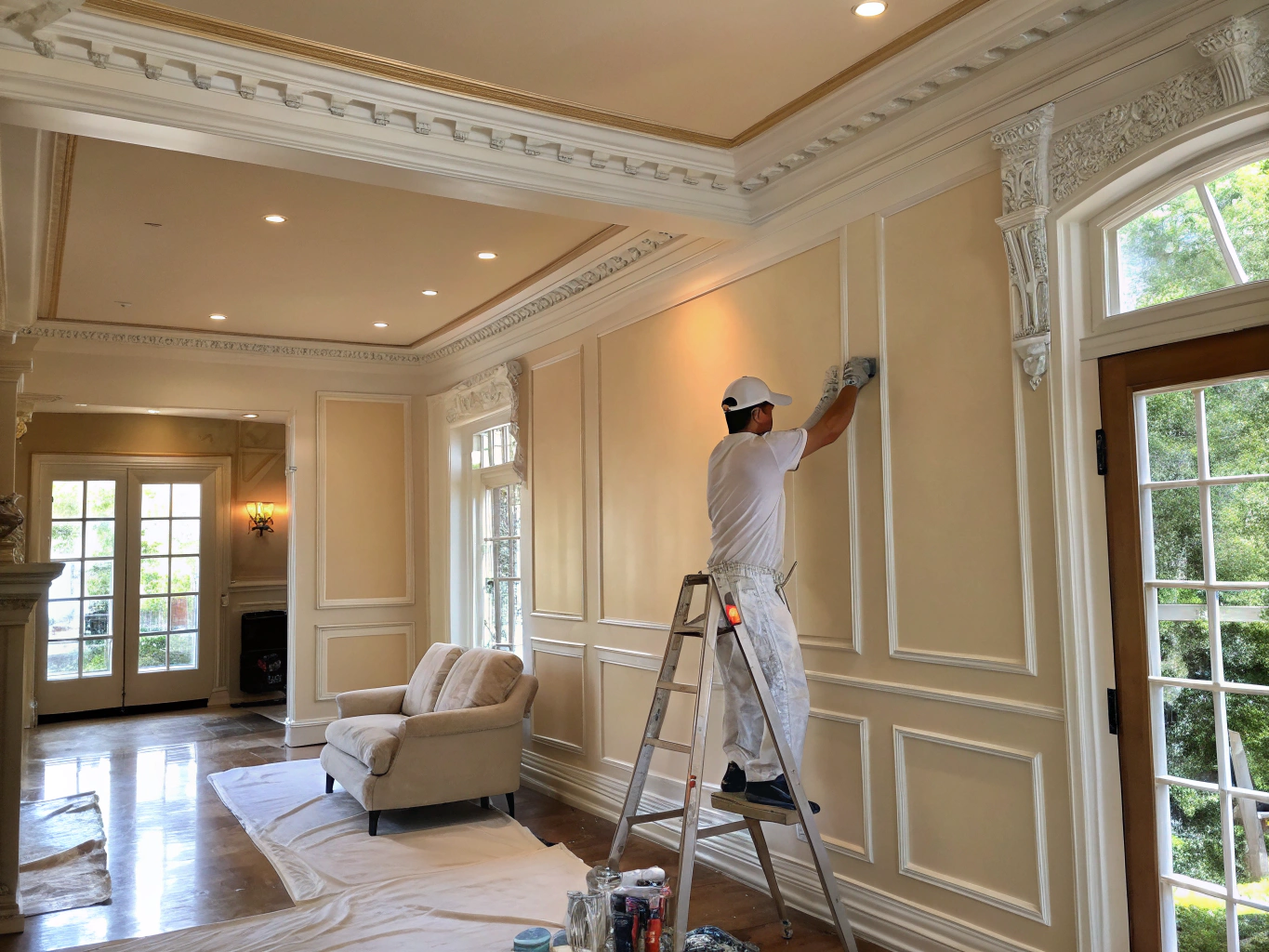 BT Painting crew precisely applying finish coat to interior architectural trim in a New Hampshire home