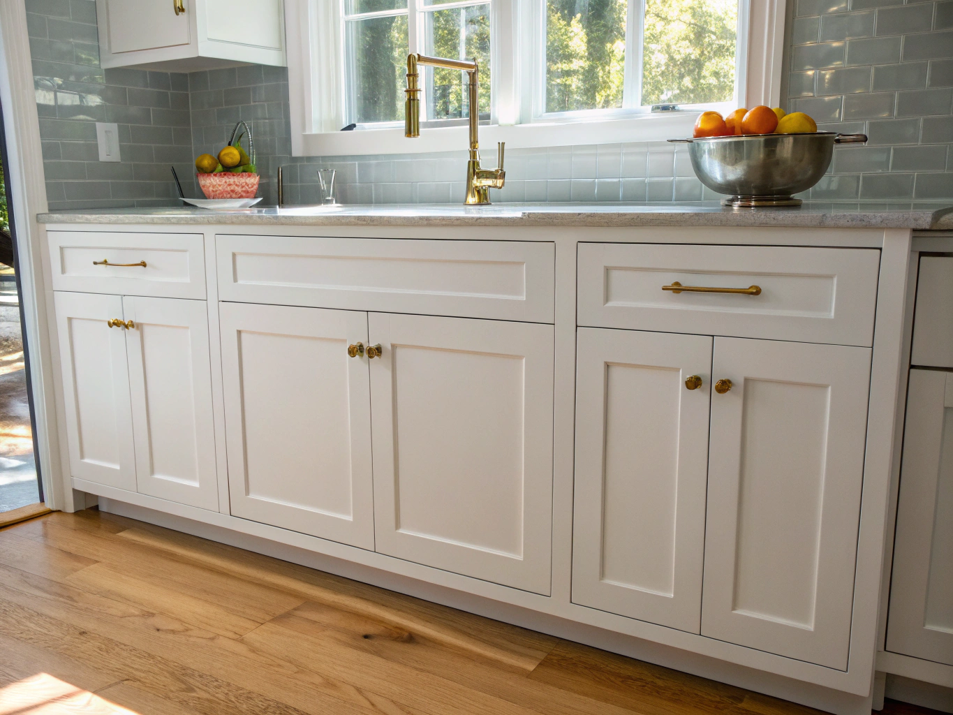 Clean white shaker kitchen cabinets with smooth satin finish