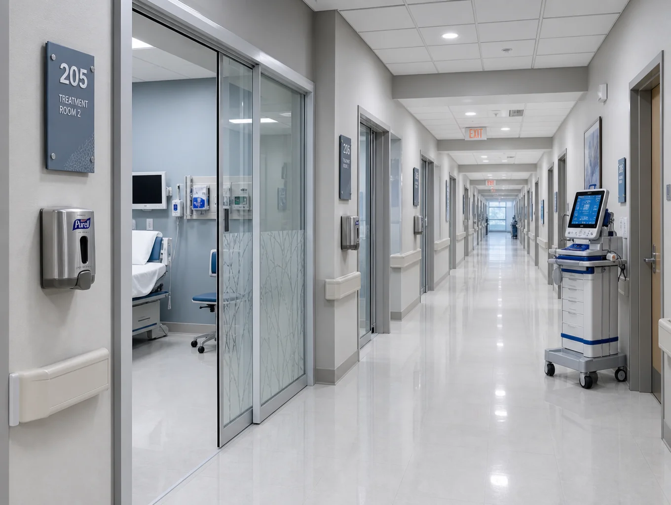 Medical hallway with durable neutral mist semi-gloss paint