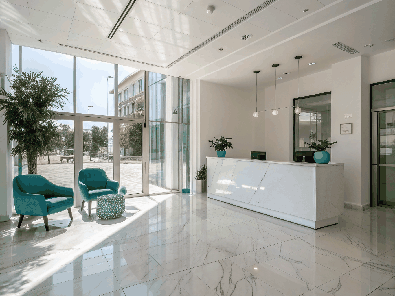 Modern office reception with seamless midnight navy accent wall
